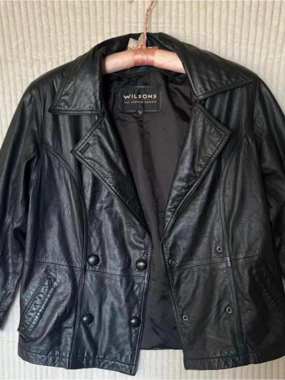 Wilson Black Leather Double-Breasted Pea Coat